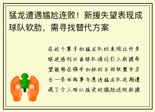 猛龙遭遇尴尬连败！新援失望表现成球队软肋，需寻找替代方案